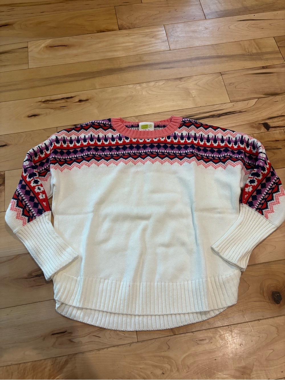 Crazy 8 White Sweater with Pink, Purple & Navy Fair Isle Yoke